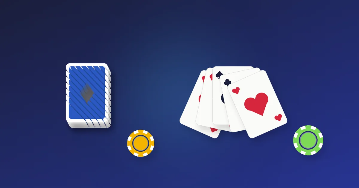 Illustration af en stak spillekort med en vifte af kort og jetoner – korttælling i blackjack