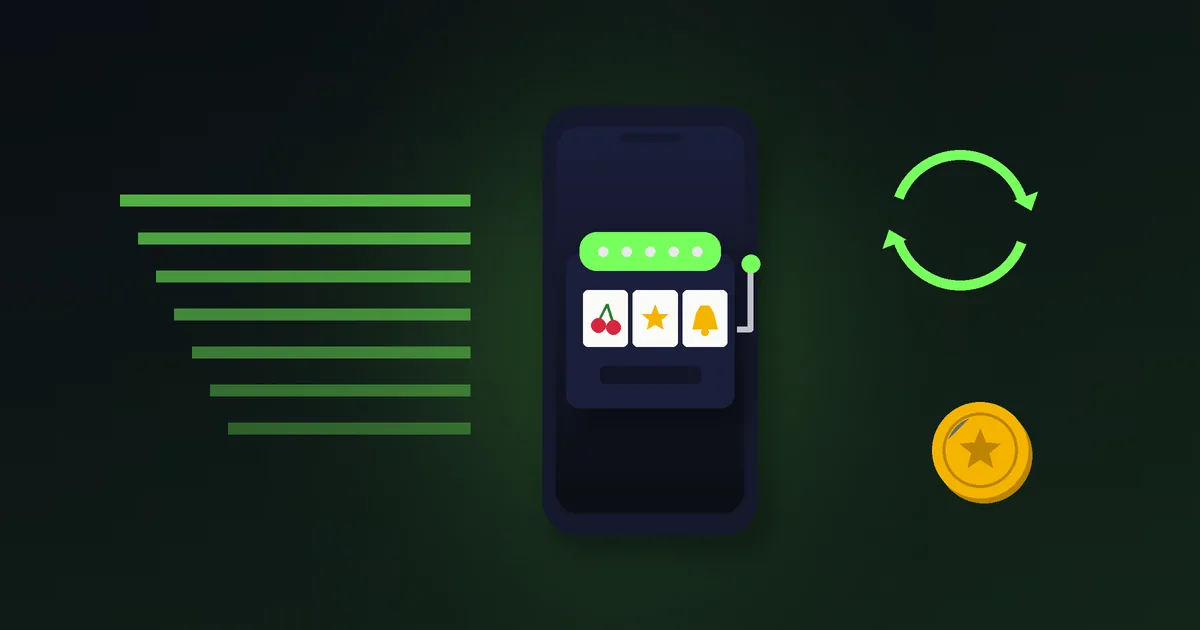 Illustration af en mobiltelefon med en spilleautomat og grønne fartstriber, der symboliserer et nyt casinonavn