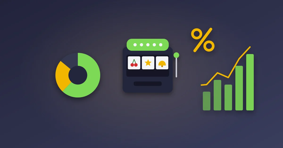 Illustration of a pie chart, a slot machine, a percent sign and a rising bar chart