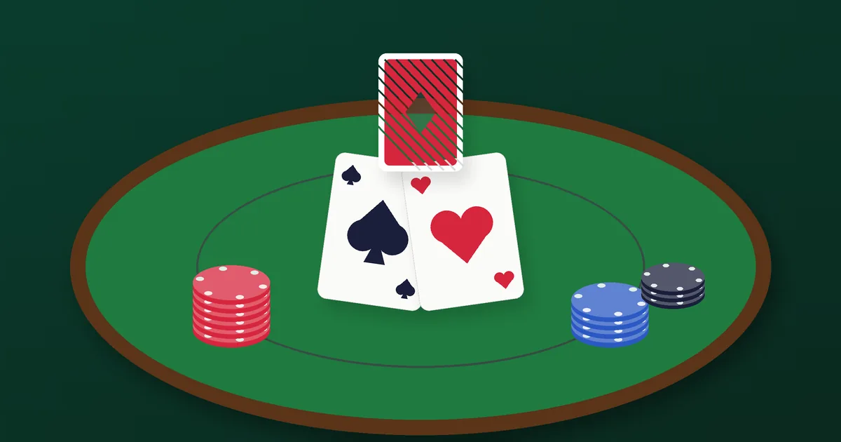 Illustration af et blackjackbord med to spillekort og stakke af jetoner