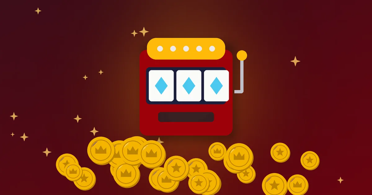 Illustration af en spilleautomat med en stor bunke guldmønter – progressive jackpots