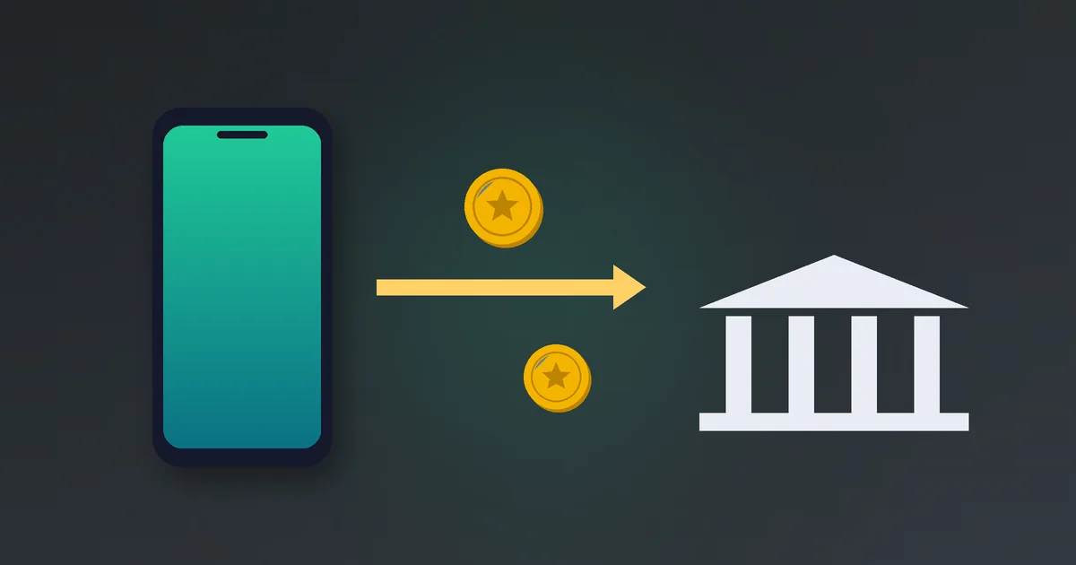 Illustration af en mobiltelefon og en pil mod en bank med mønter – udbetaling af gevinster