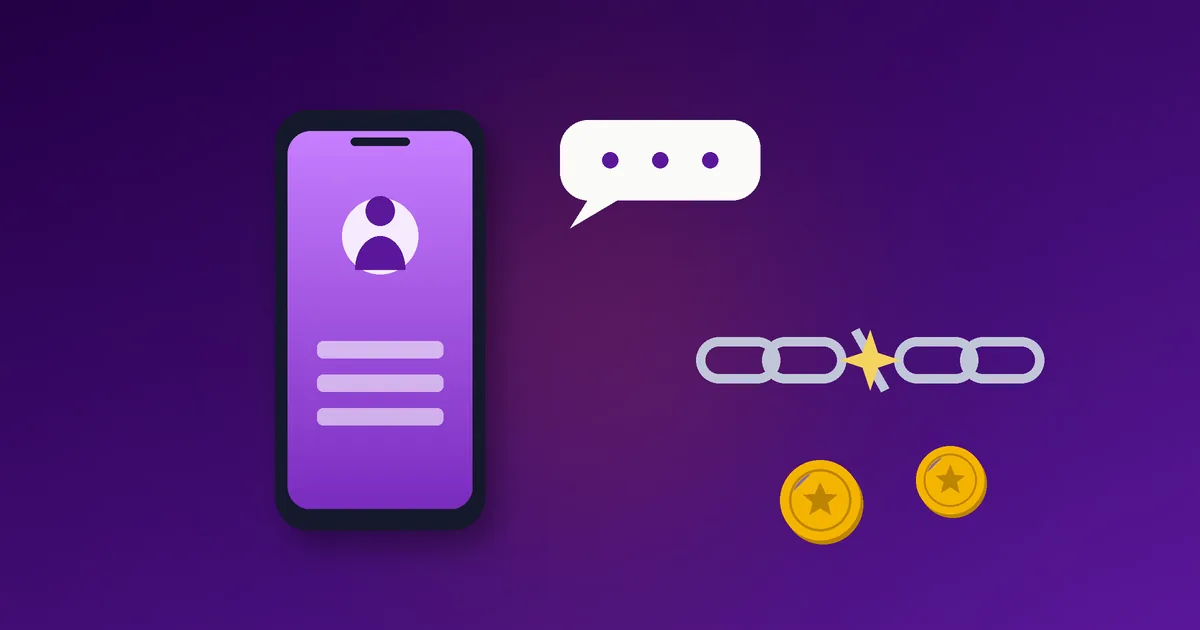 Illustration af en mobiltelefon med talebobler og en brudt kæde med mønter, der symboliserer nye regler for affiliates og influencere