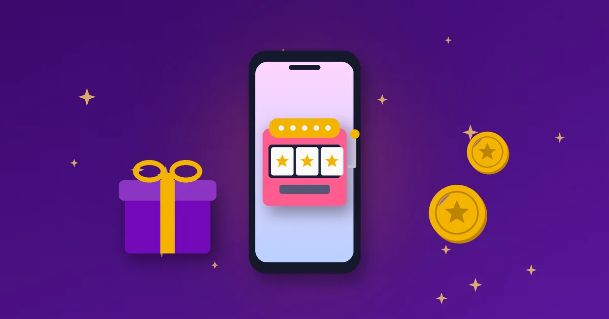 Illustration af en mobiltelefon med gnister, en gaveæske og mønter – nye casinoer
