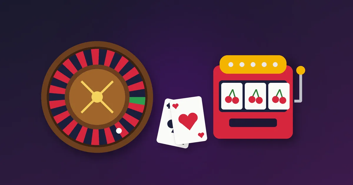 Illustration af en roulette, spillekort og en spilleautomat – populære casinospil
