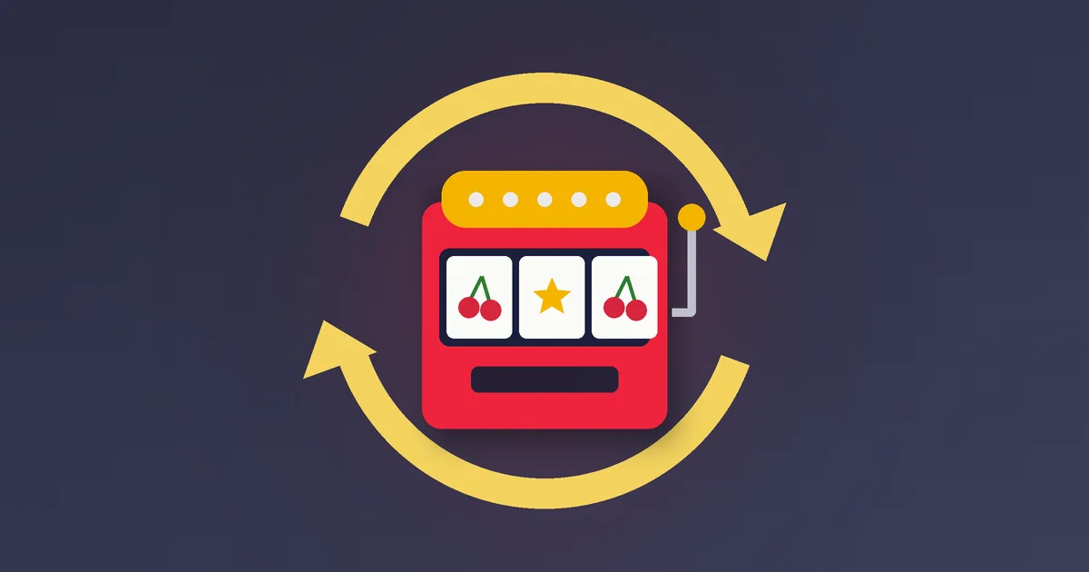 Illustration af en spilleautomat med cirkulære pile – omsætningskrav på free spins