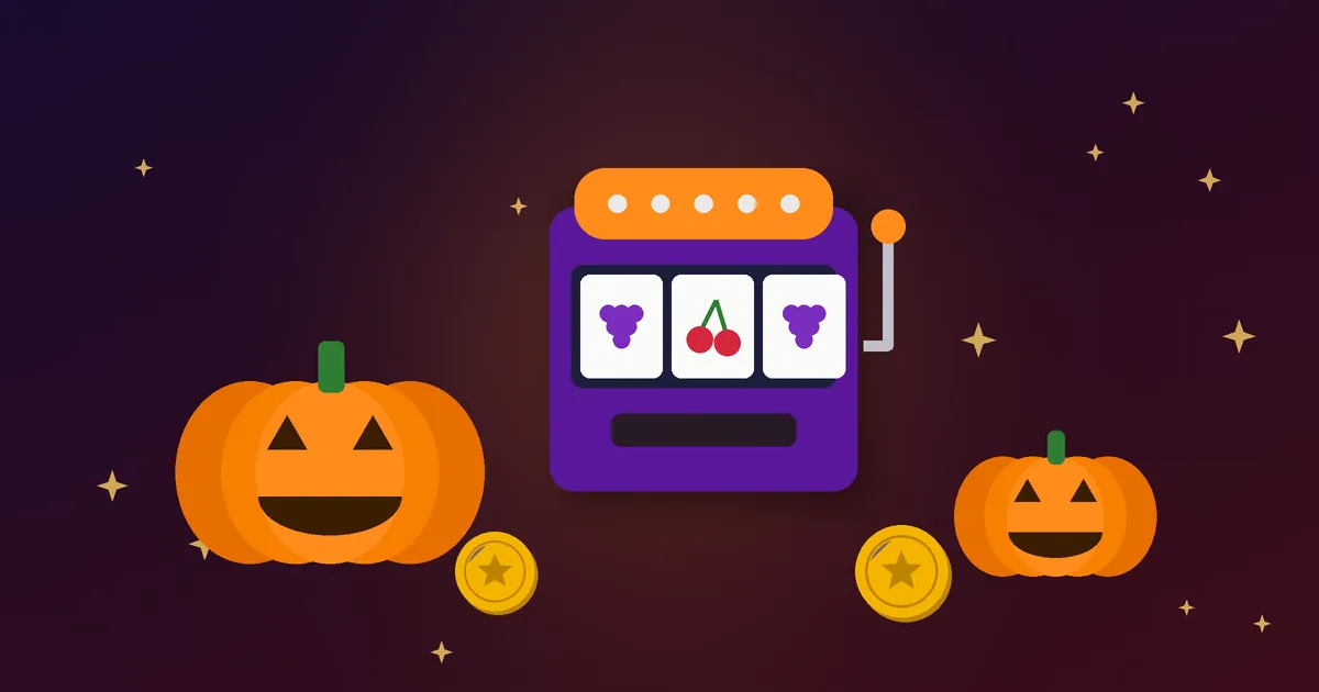 Illustration af græskar ved en spilleautomat med gnister og mønter i Halloween-stemning
