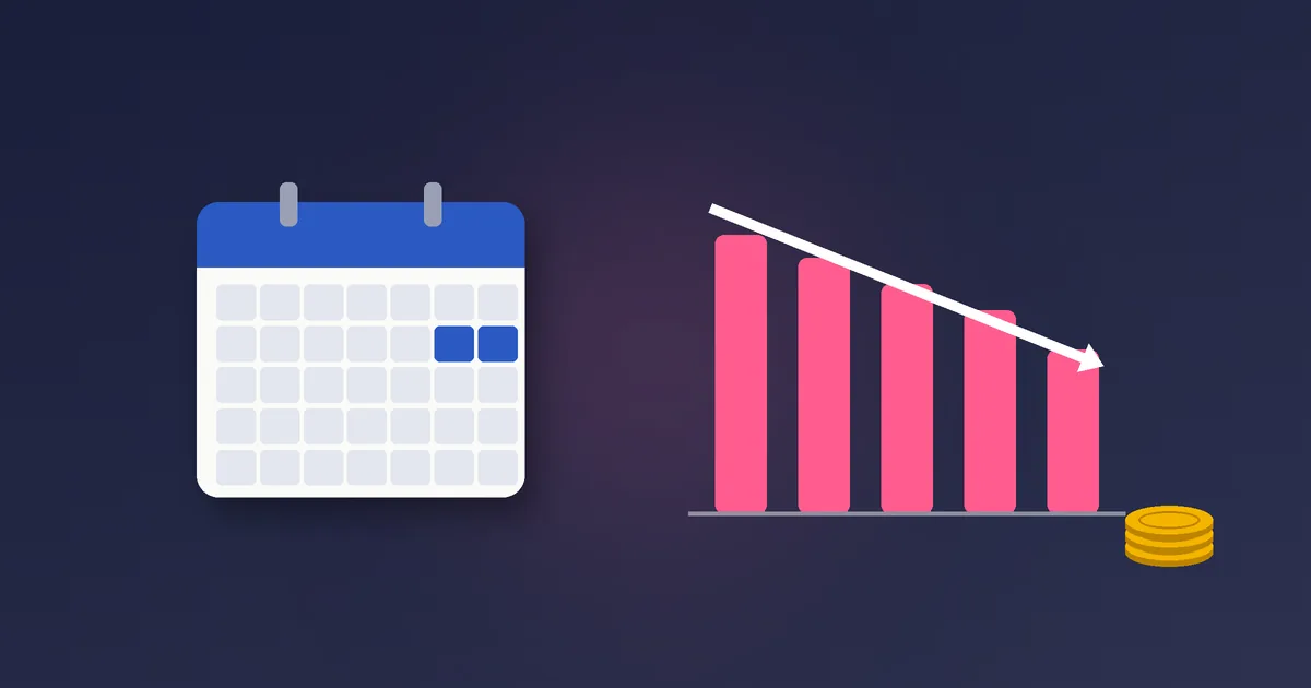 Illustration af en kalender og et faldende søjlediagram med mønter