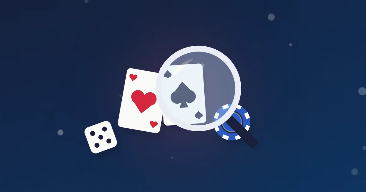 Illustration af en lup over spillekort, jetoner og en terning – sådan vurderer vi casinoerne